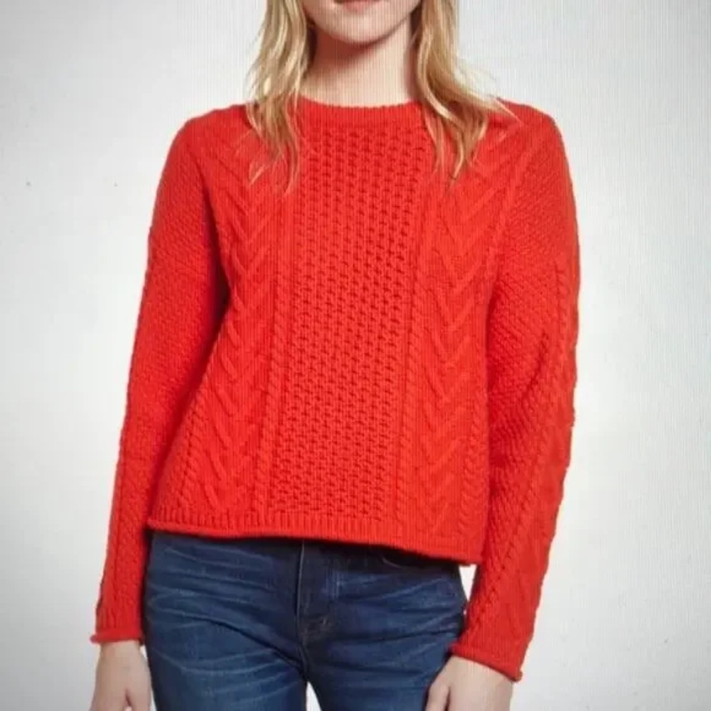 MADEWELL Vibrant Orange/Red Chunky Crew Neck Cable Knit Cropped Sweater - Large